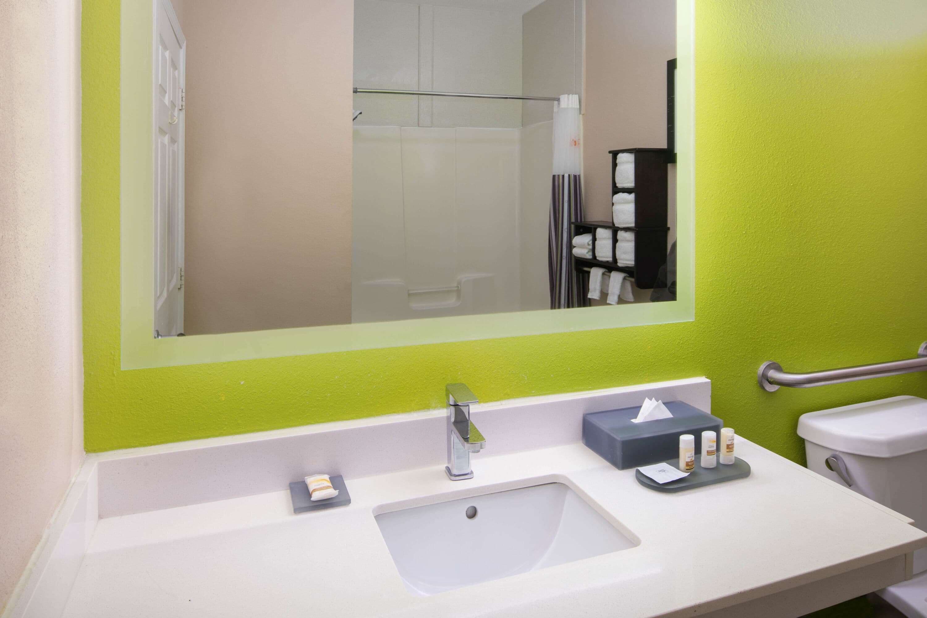 A bathroom with a white sink, a mirror, and a green accent wall.