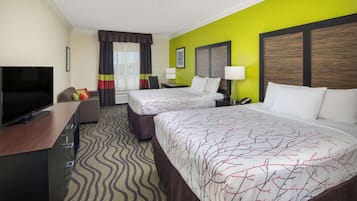 Premium bedding, pillowtop beds, desk, laptop workspace