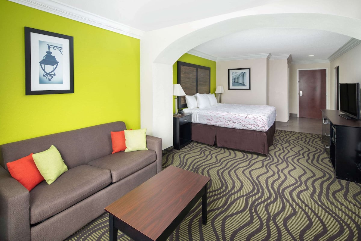 A hotel room with a bed, a sofa, a TV, and a desk.