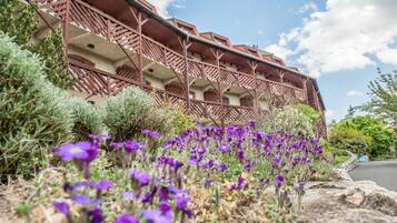 Un edificio de varios pisos con una estructura de balcón de madera, rodeado de arbustos y flores moradas.