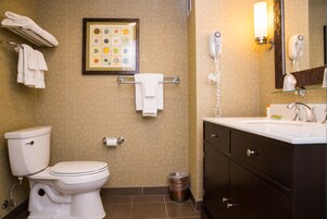 A bathroom with a toilet, sink, vanity, towel rack, and a framed picture on the wall.