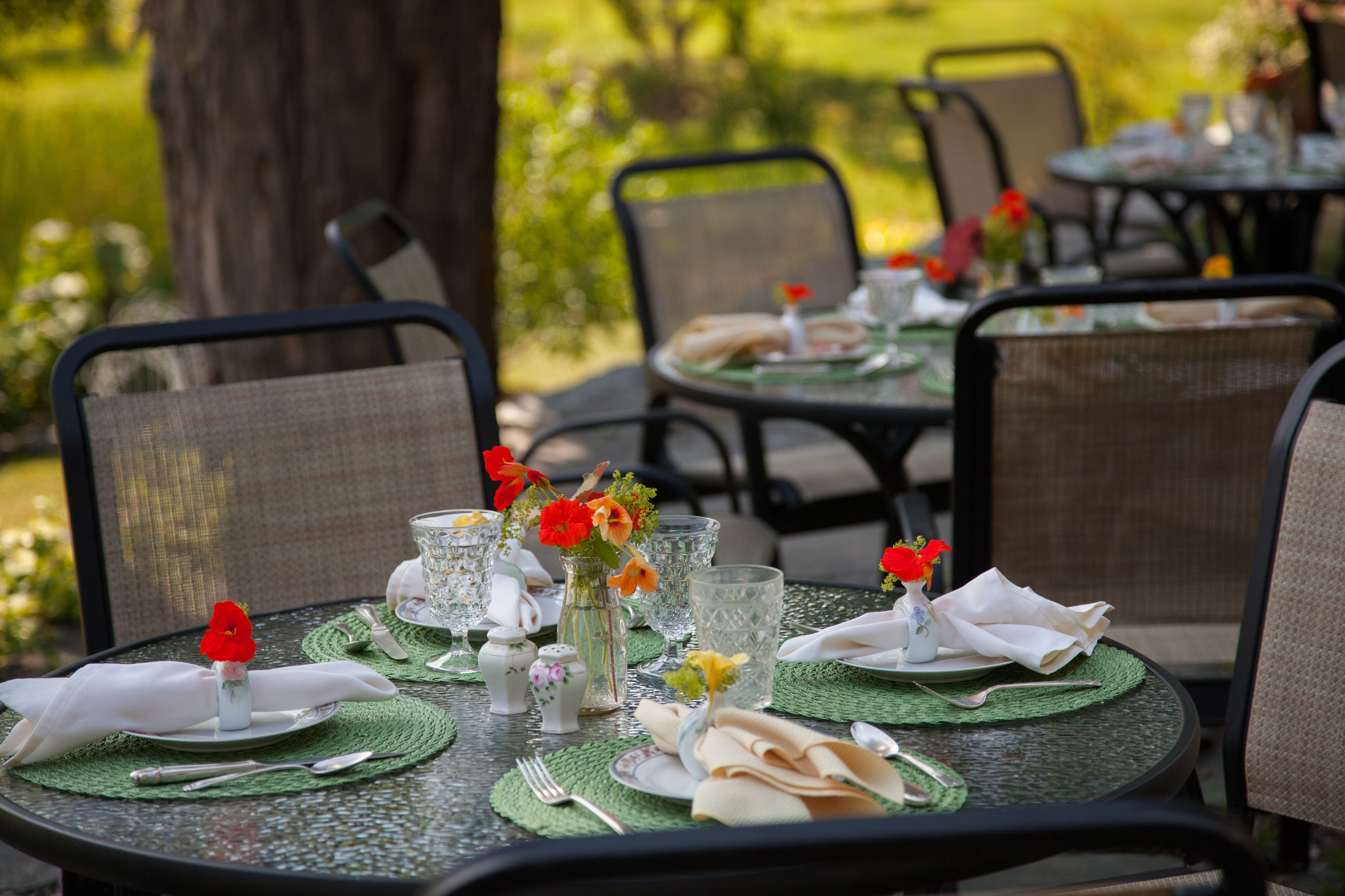Un área de comedor al aire libre con mesas redondas, individuales verdes y sillas.