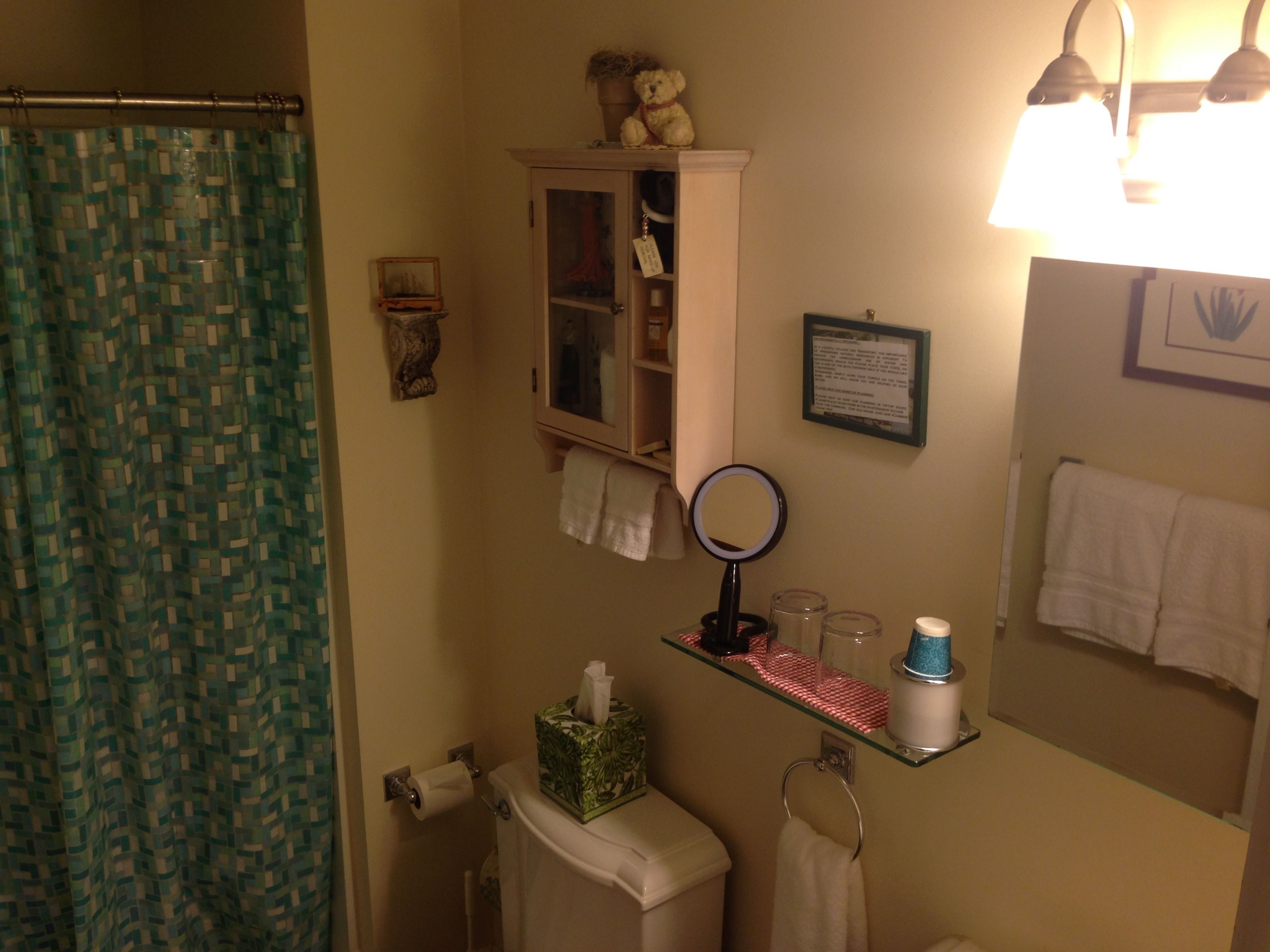 A bathroom with a shower curtain, a toilet, a sink with a mirror, a towel rack, and a cabinet with toiletries.