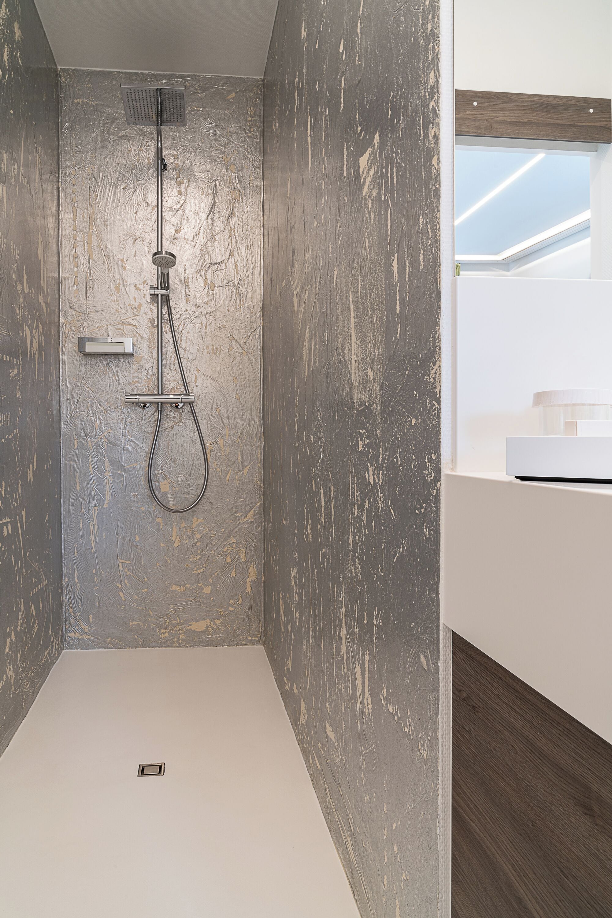 shower, rainfall showerhead, hair dryer, towels