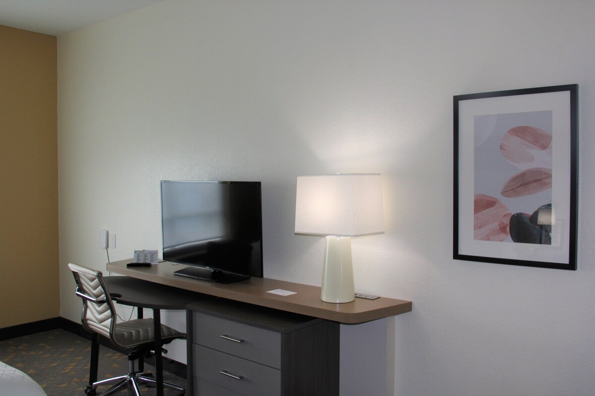 A hotel room with a desk, chair, TV, lamp, and a framed picture on the wall.
