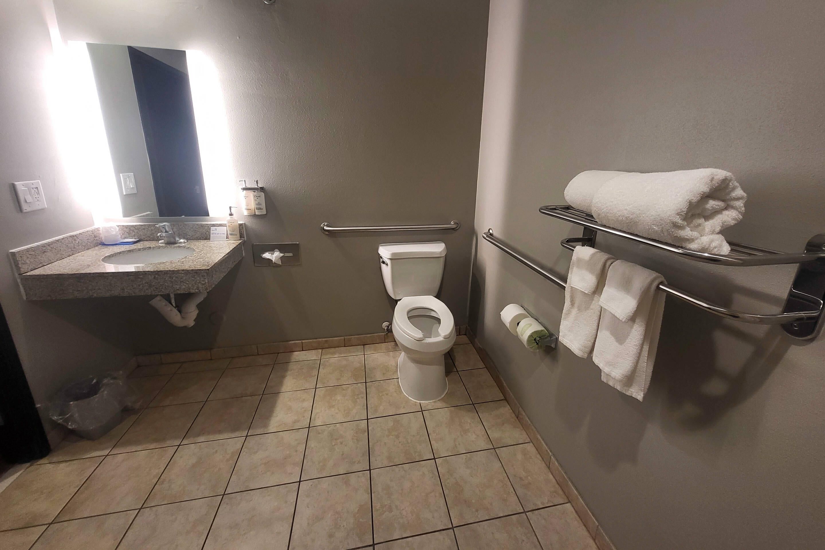 Baño con inodoro, lavamanos, espejo, toallero y barras de apoyo.