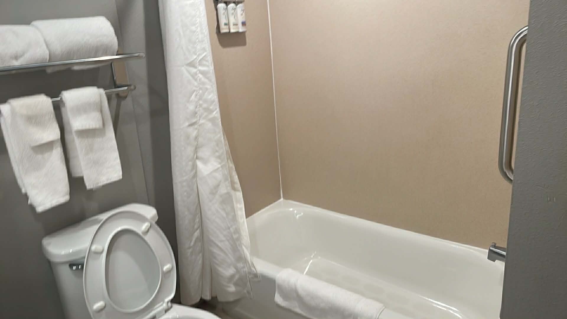 Un baño con inodoro, bañera y cortina de ducha.