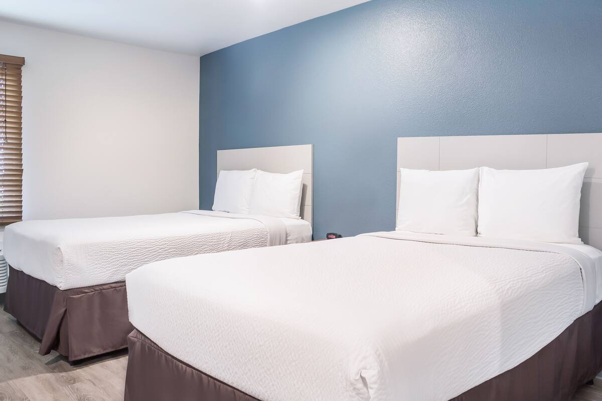 Two twin beds with white bedding and brown skirts, a blue wall, and a window with blinds.