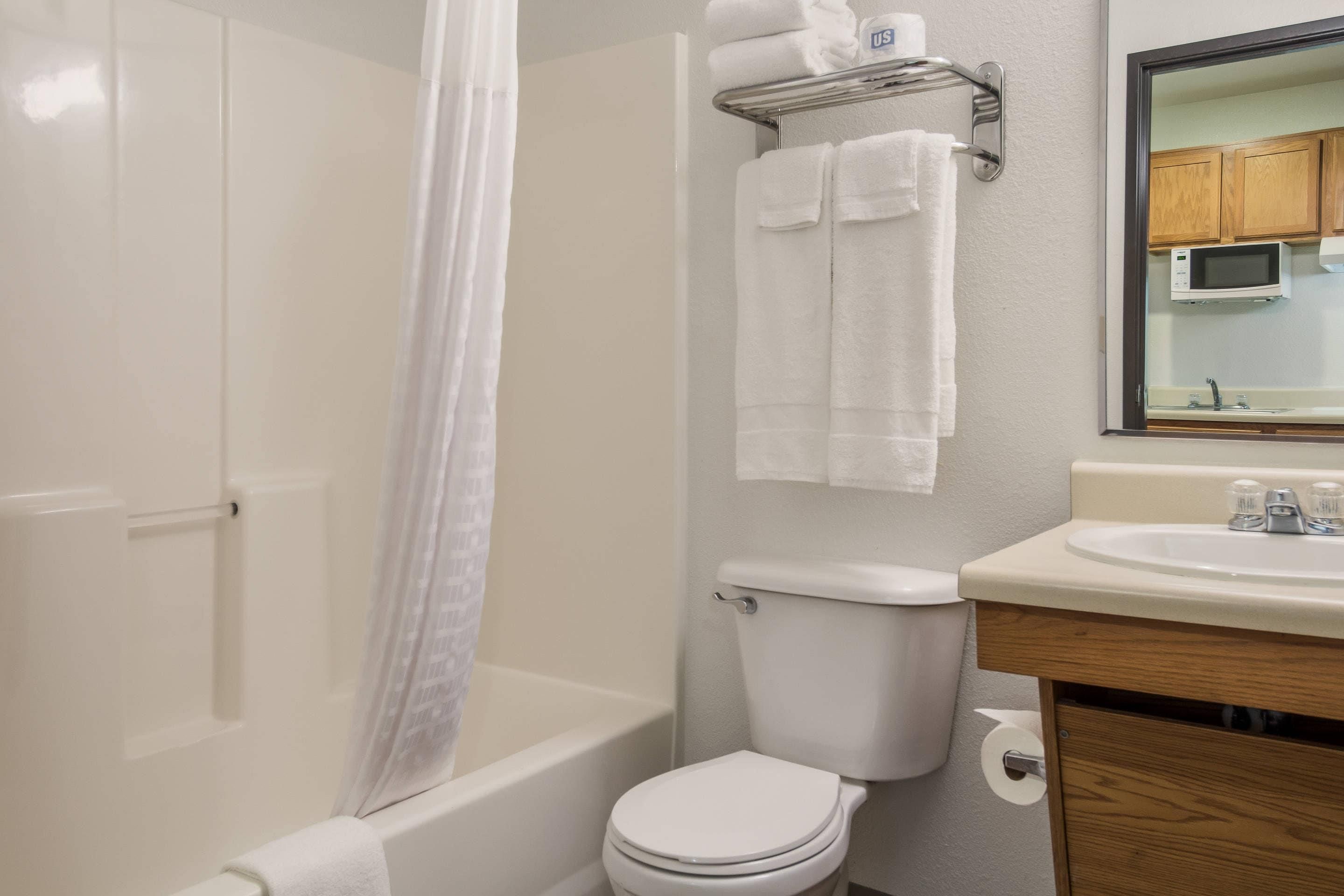 A bathroom with a bathtub, toilet, sink, and a mirror above the sink.