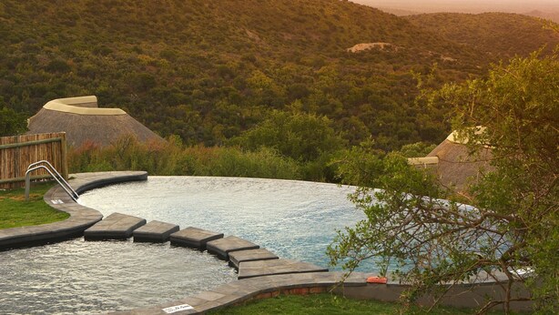 A swimming pool with a wooden deck and steps leading into the water, surrounded by lush greenery and hills in the background. - Kuzuko Lodge (Blue Crane Route)