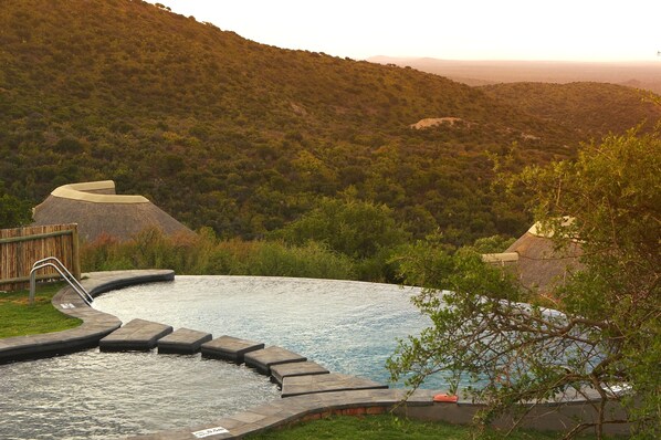 Outdoor pool, an infinity pool, pool umbrellas, sun loungers - Kuzuko Lodge (Blue Crane Route)