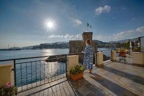 Un balcon avec vue sur la mer, un drapeau et des plantes en pot.