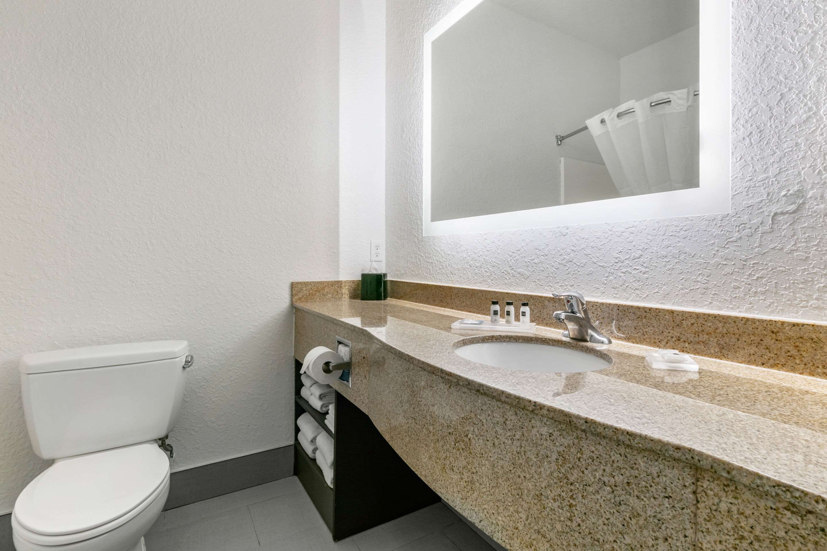 A bathroom with a white toilet, a granite countertop sink, and a large mirror.
