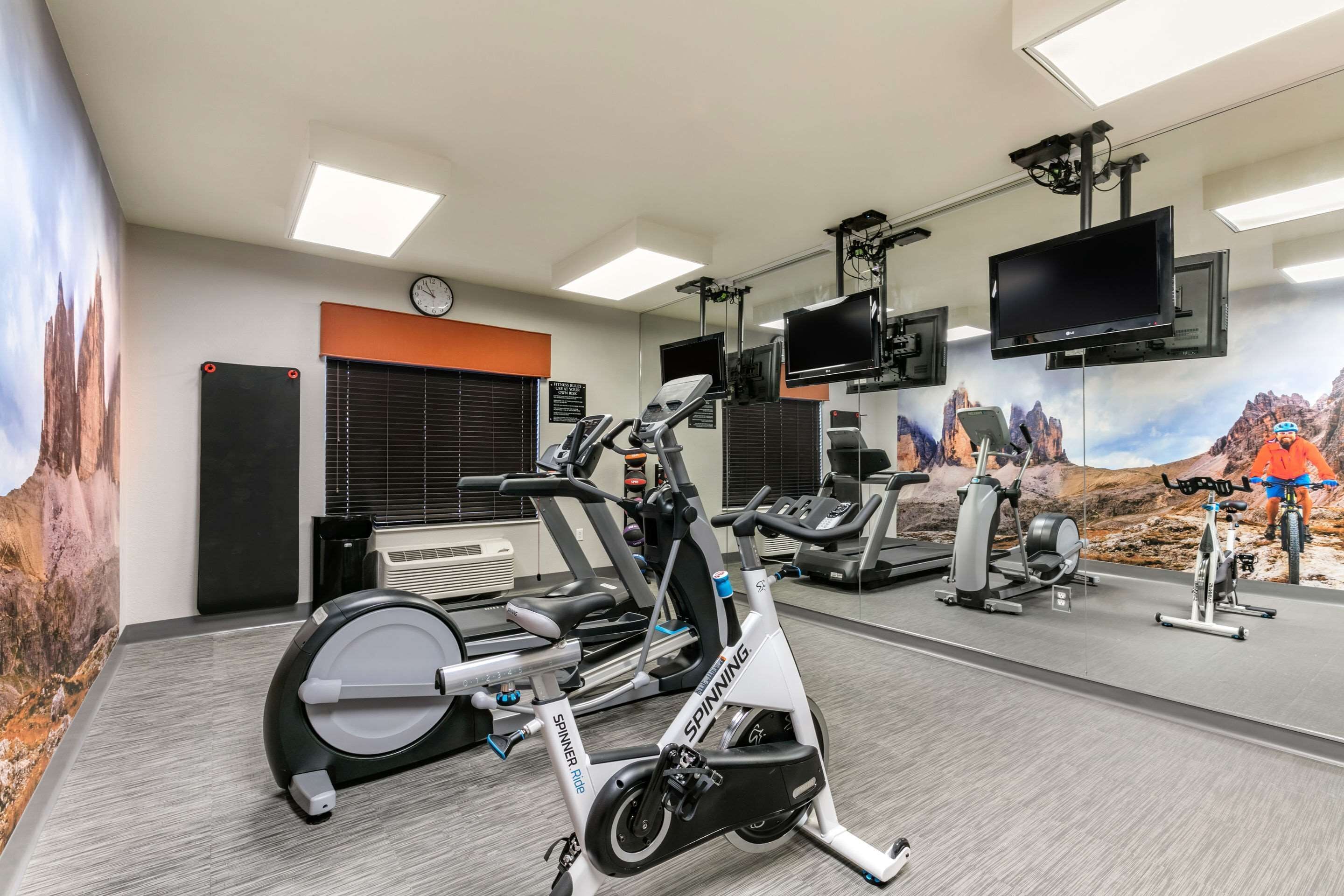Ein Fitnessstudio mit Ergometer, Laufbändern und einer Spiegelwand.