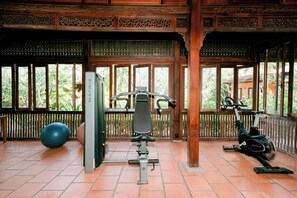 Een sportschool met trainingsapparatuur, een grote fitnessbal en uitzicht op groen door grote ramen.