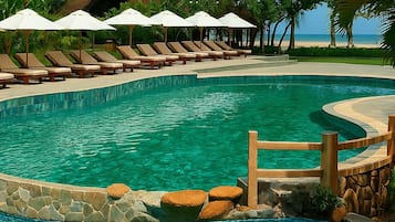 2 outdoor pools, pool umbrellas, pool loungers