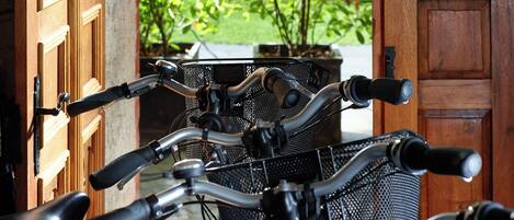Varias bicicletas aparcadas frente a una puerta de madera con vistas a un jardín verde.