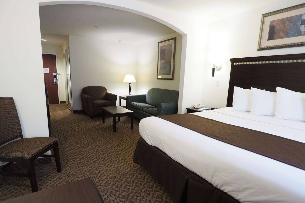 A hotel room with a bed, a desk, a chair, a sofa, and a lamp.