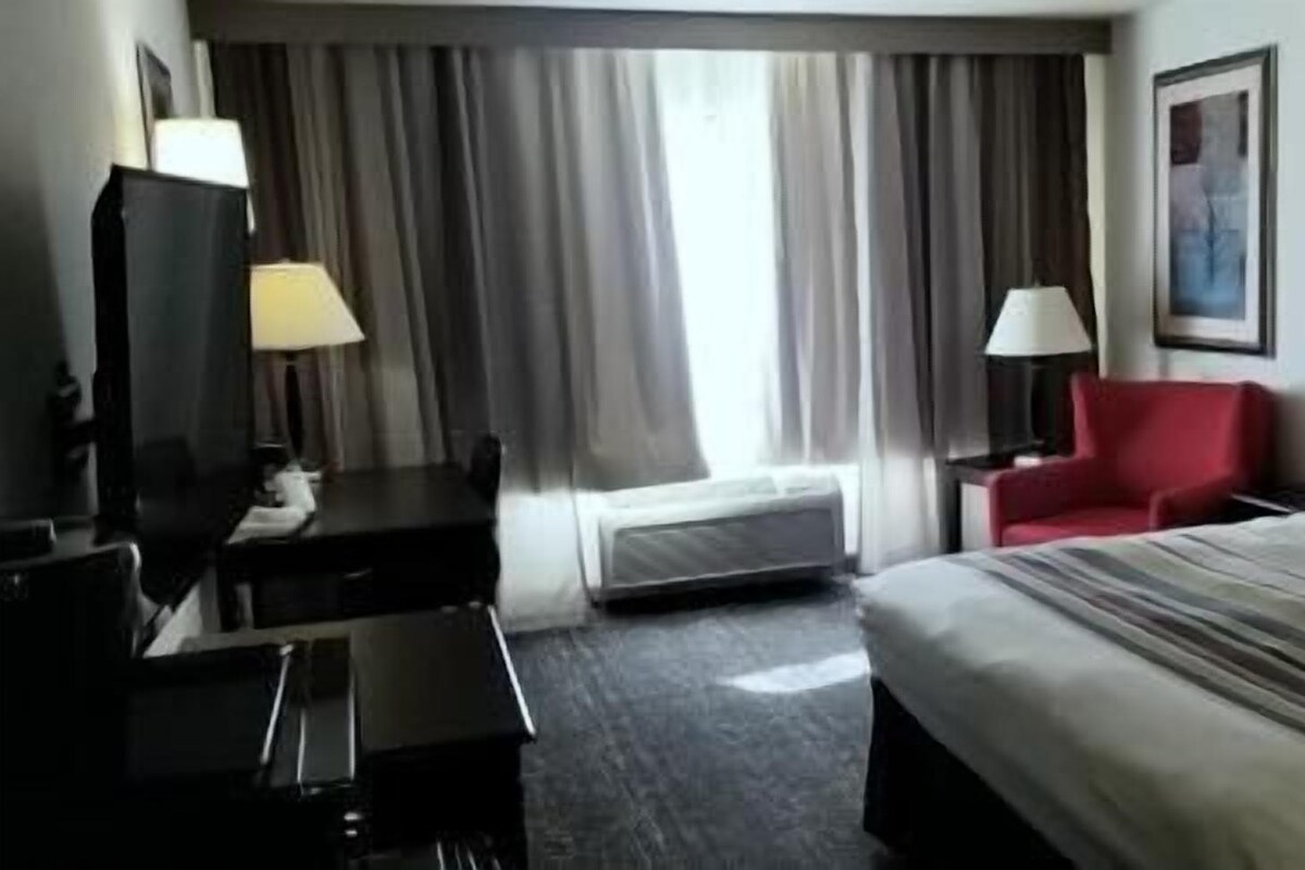 A hotel room with a bed, a desk, a chair, a TV, and a window with curtains.