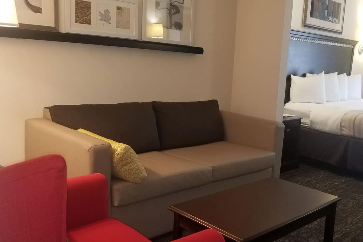 Een hotelkamer met een bank, een bed met een gestreept kleed, een kleine tafel en een rode stoel.