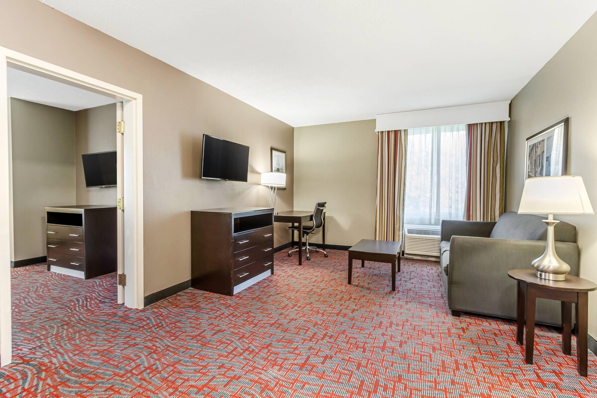 Habitación de hotel con alfombra roja estampada, sofá, escritorio, televisor, lámpara y ventana con cortinas.