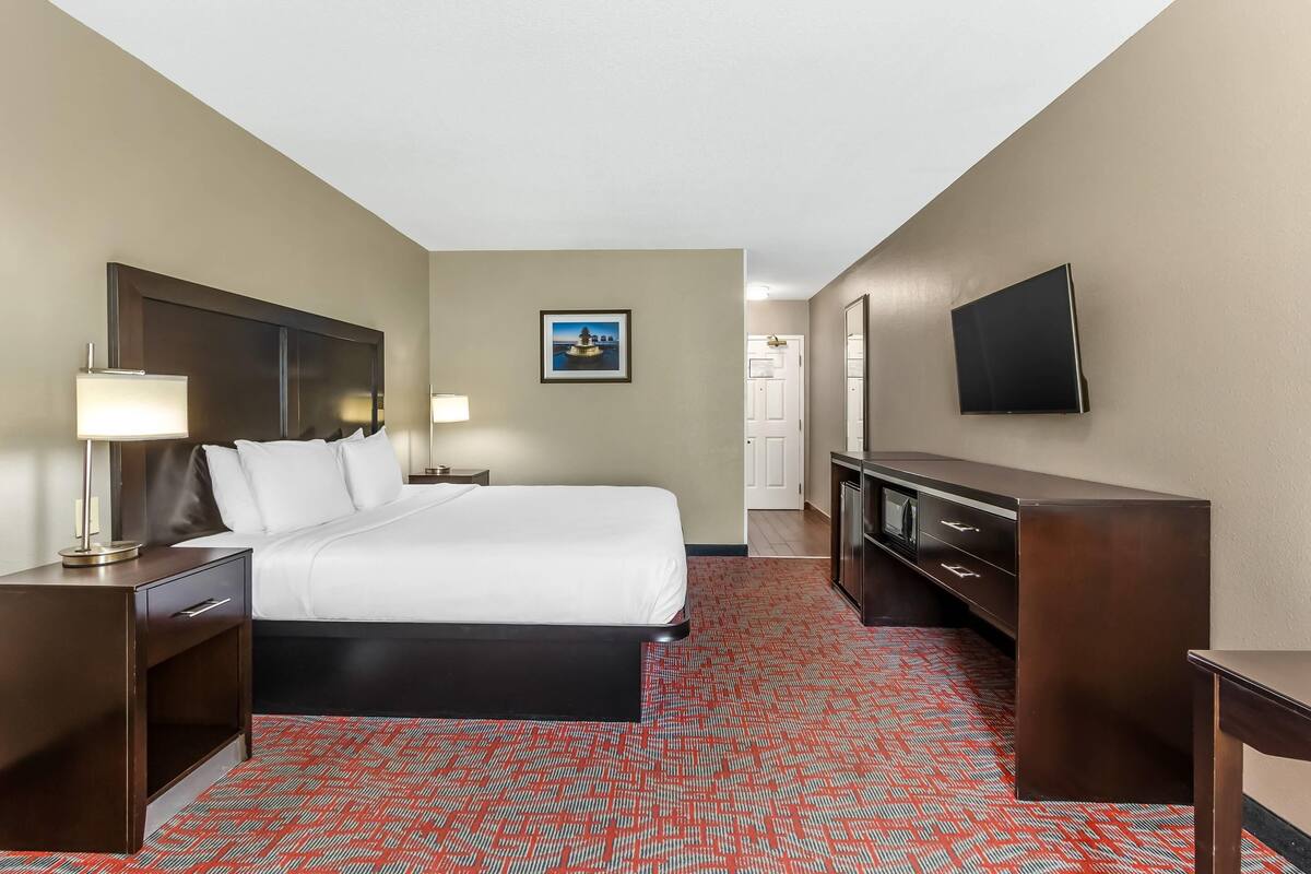 A hotel room with a bed, bedside tables, a TV, a dresser, and a patterned carpet.