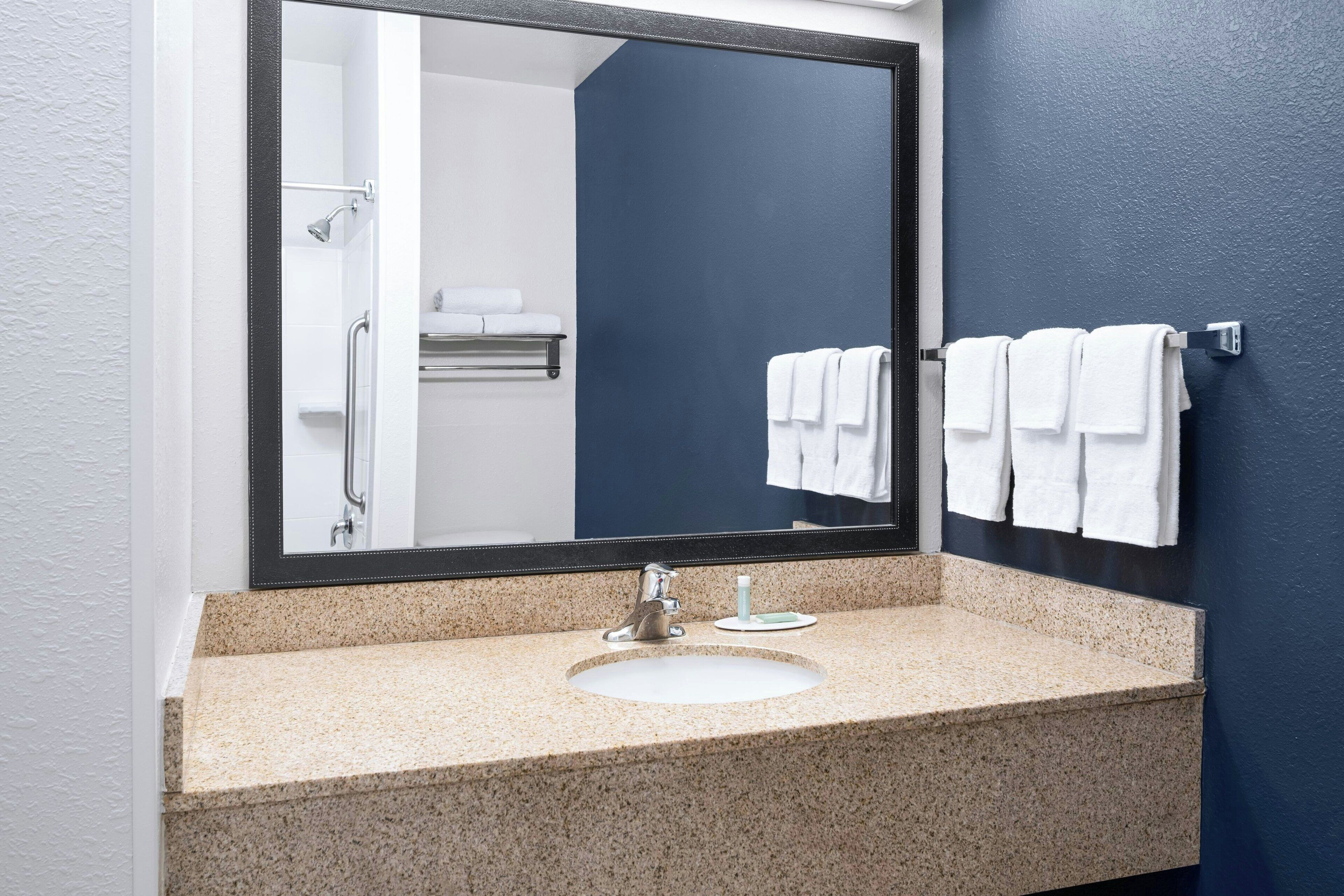 combined shower/bathtub, free toiletries, hair dryer, towels