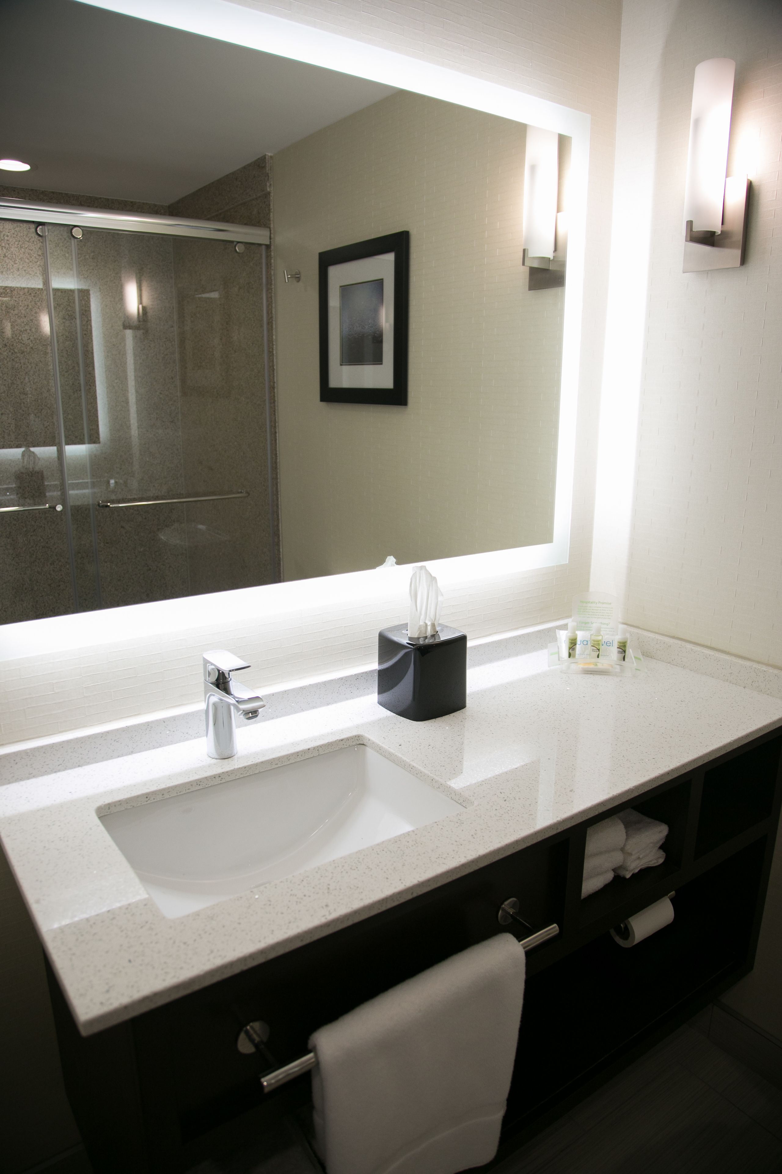 A modern bathroom with a large mirror, two sinks, a towel rack, and a shower.