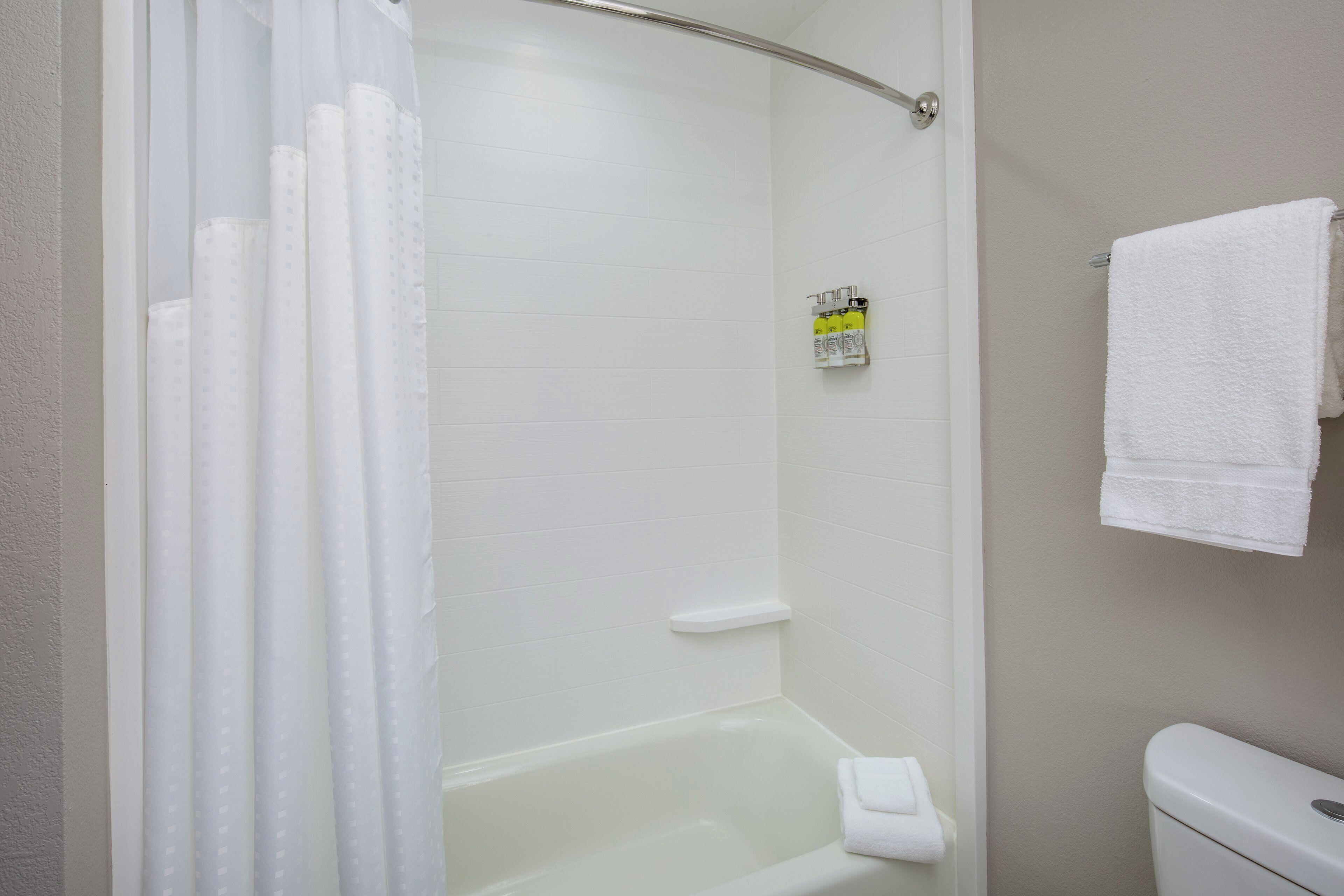 combined shower/bathtub, free toiletries, hair dryer, towels