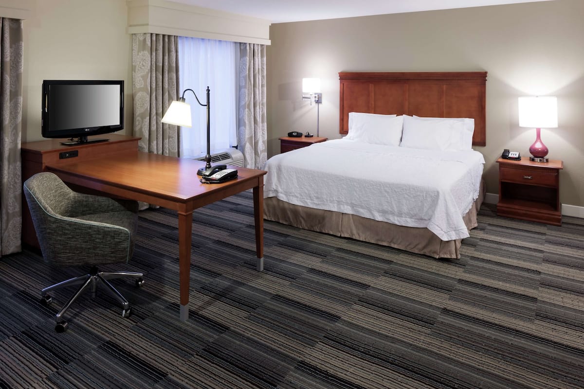 A hotel room with a bed, desk, chair, television, lamps, and a telephone.