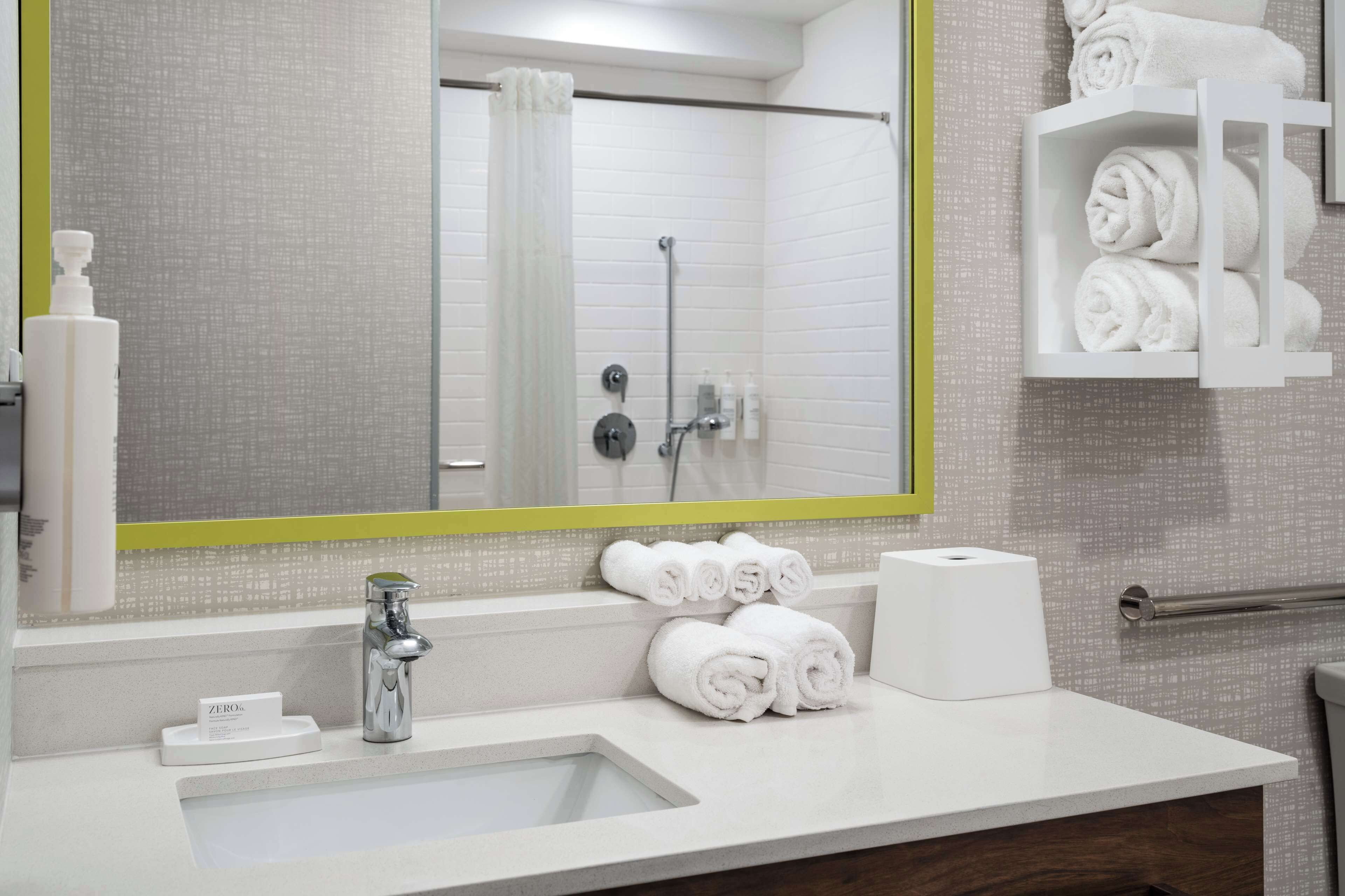 studio, 2 queen beds, accessible, non smoking (mobility & hearing, roll-in shower) | bathroom | shower, hair dryer, towels