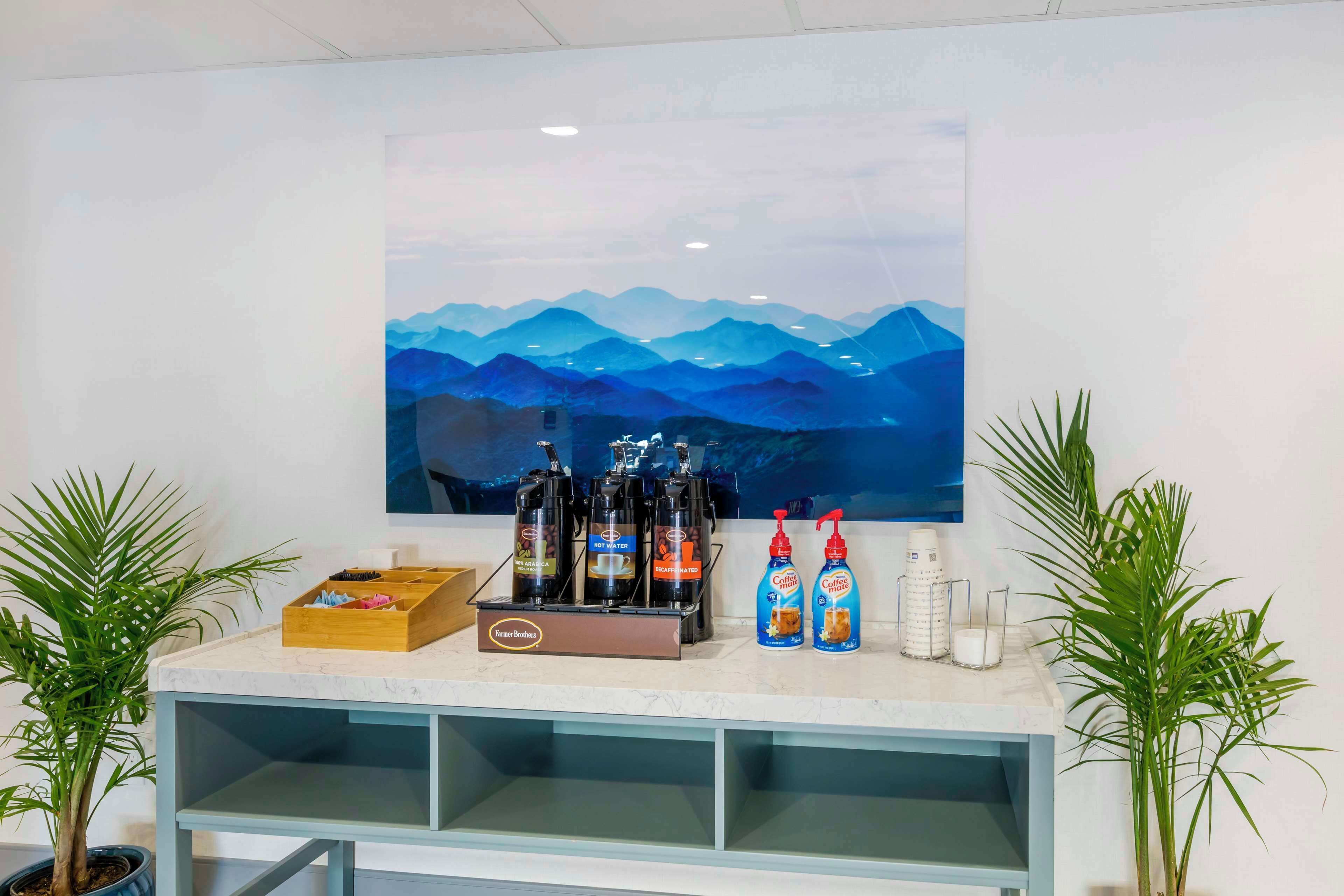 Zona de bar con un cuadro grande de montañas, una cafetera y dos botellas de café.