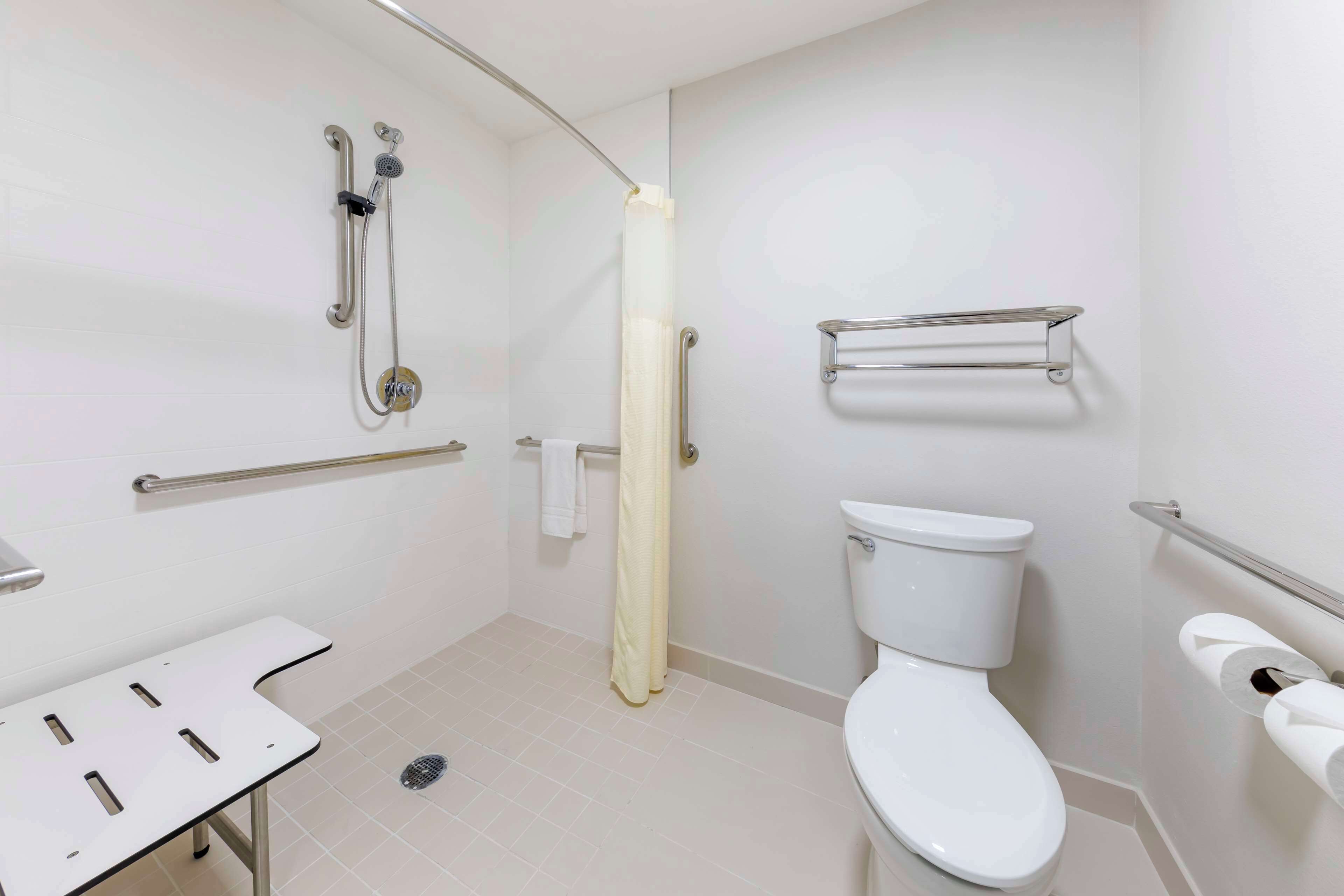 Une salle de bain moderne équipée de toilettes, d’une douche et de barres d’appui.
