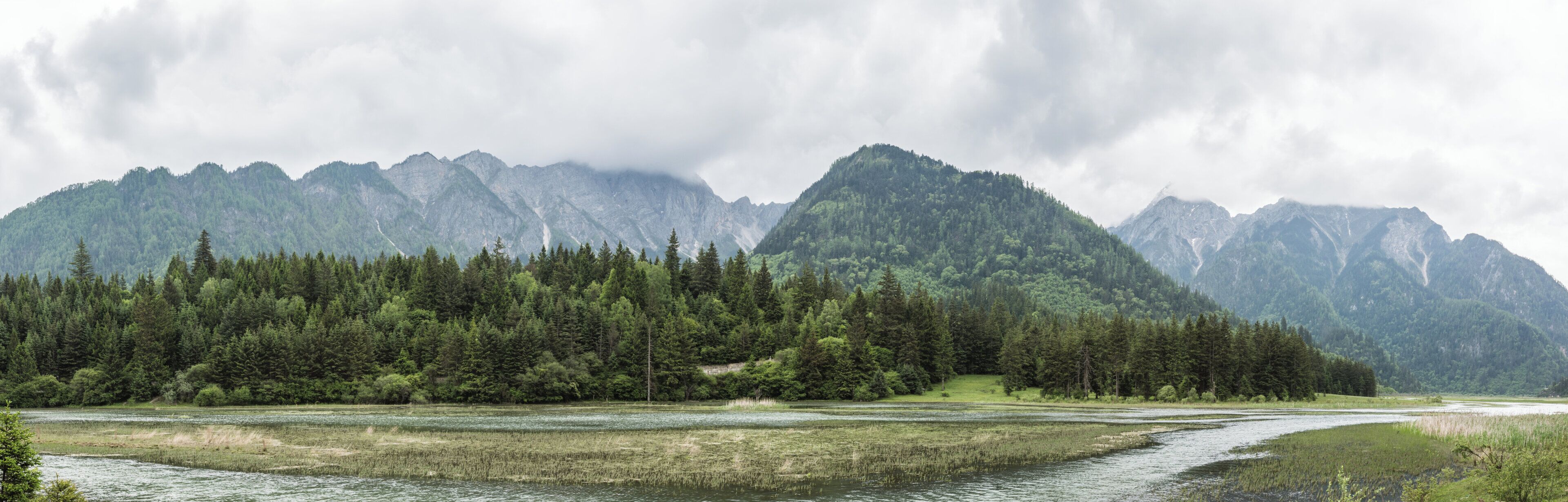 Ein Fluss fließt durch einen Wald, im Hintergrund Berge.