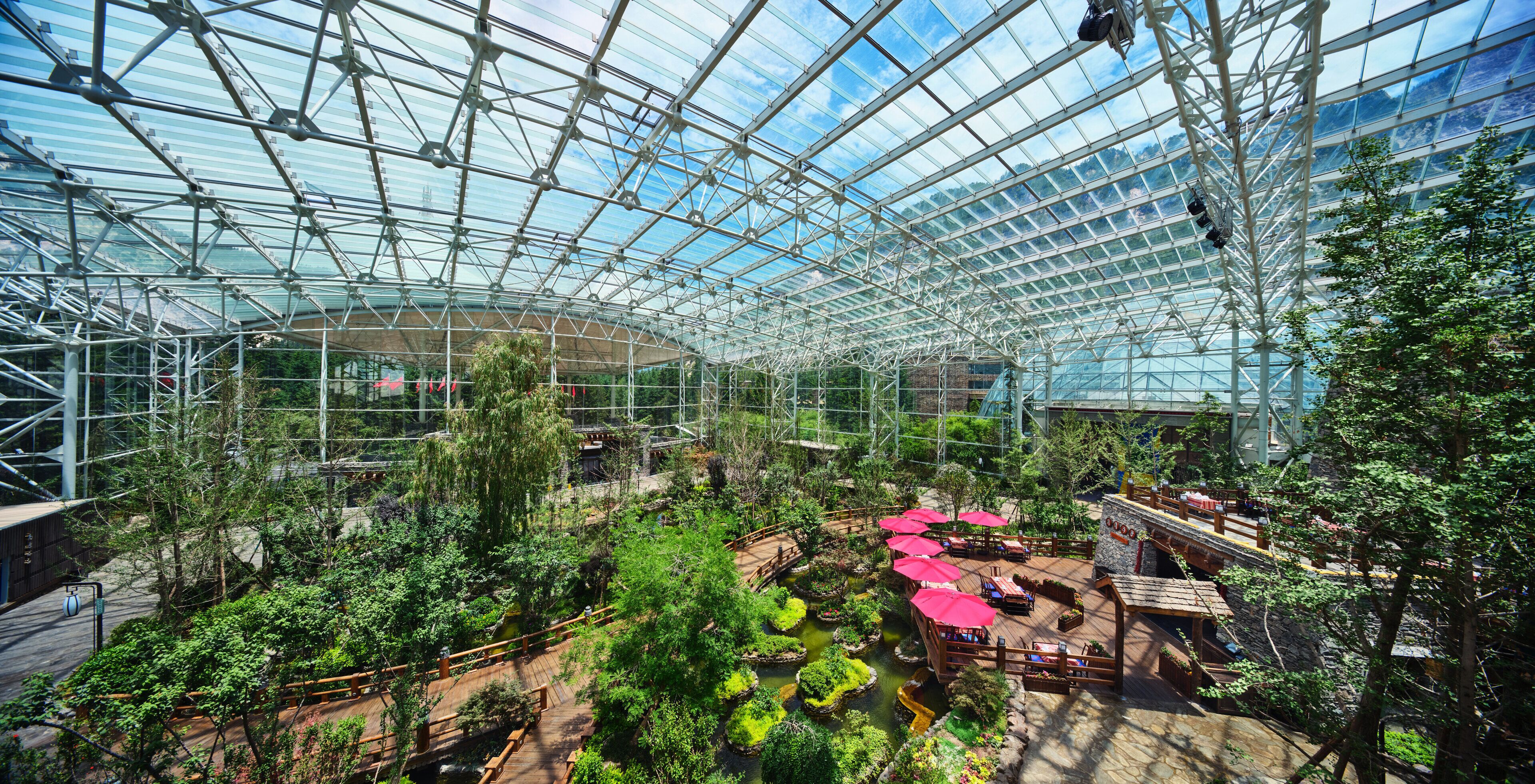 A large greenhouse with a glass ceiling, wooden walkways, and outdoor seating areas.