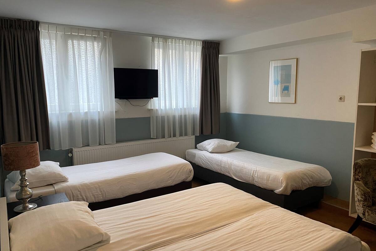 A hotel room with two single beds, a flat-screen TV mounted on the wall, a radiator, and a framed picture on the wall.