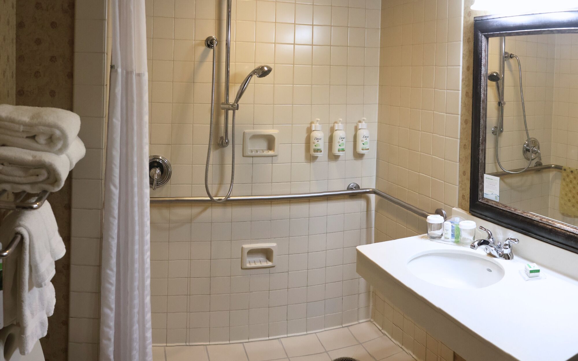 room, 1 king bed, mobility accessible (roll-in shower) | bathroom | combined shower/bathtub, free toiletries, hair dryer, towels