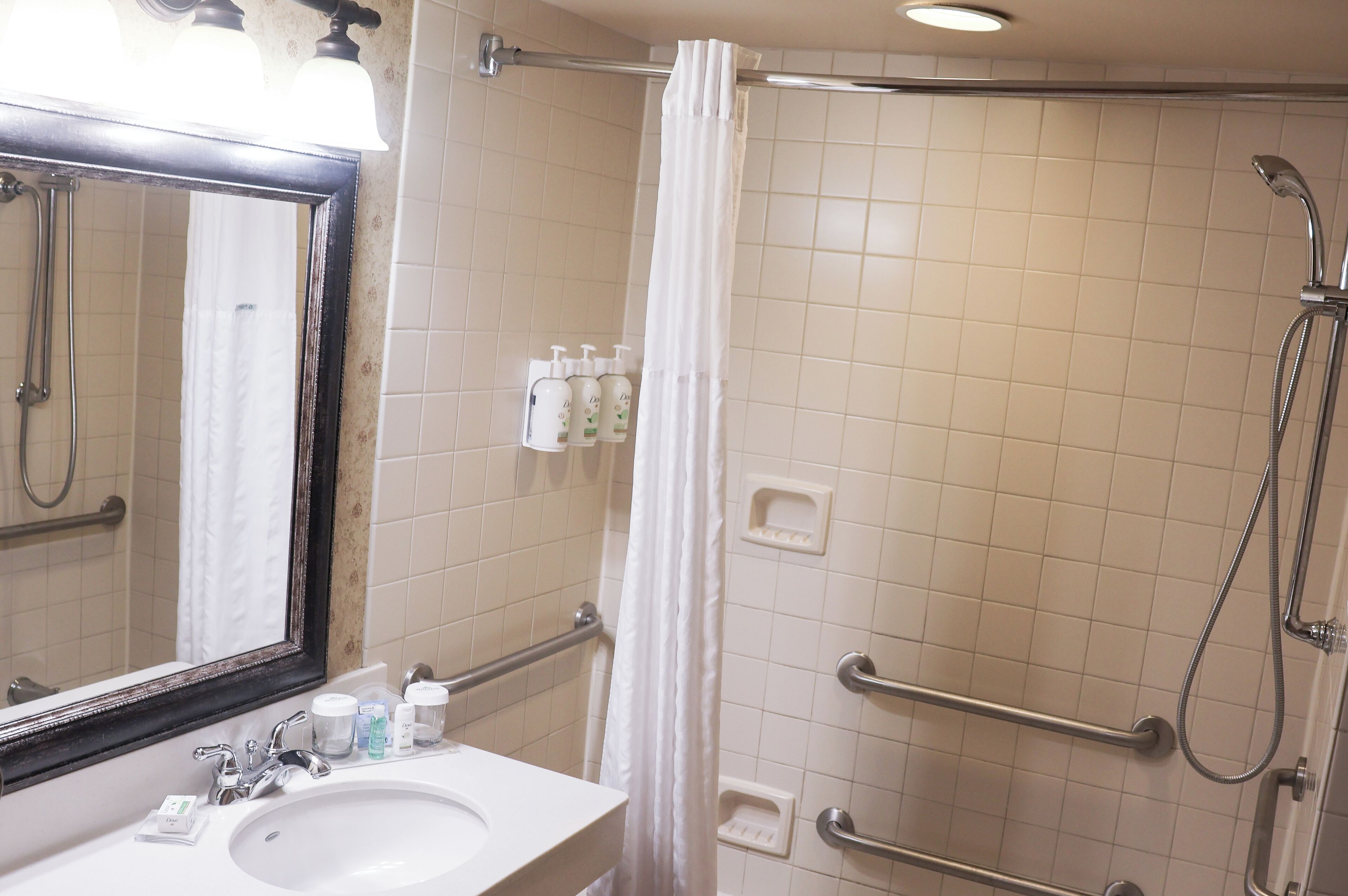 A bathroom with a sink, mirror, shower, and handrails.