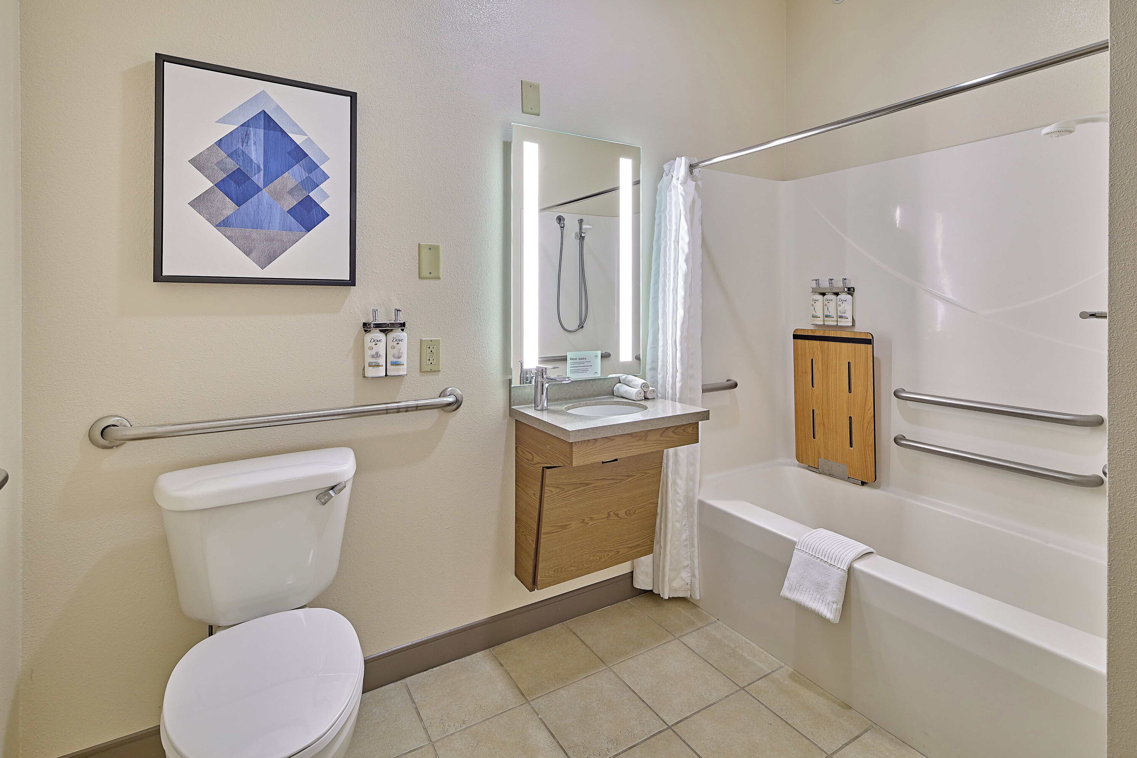 A bathroom with a toilet, sink, mirror, shower, and a framed picture on the wall.