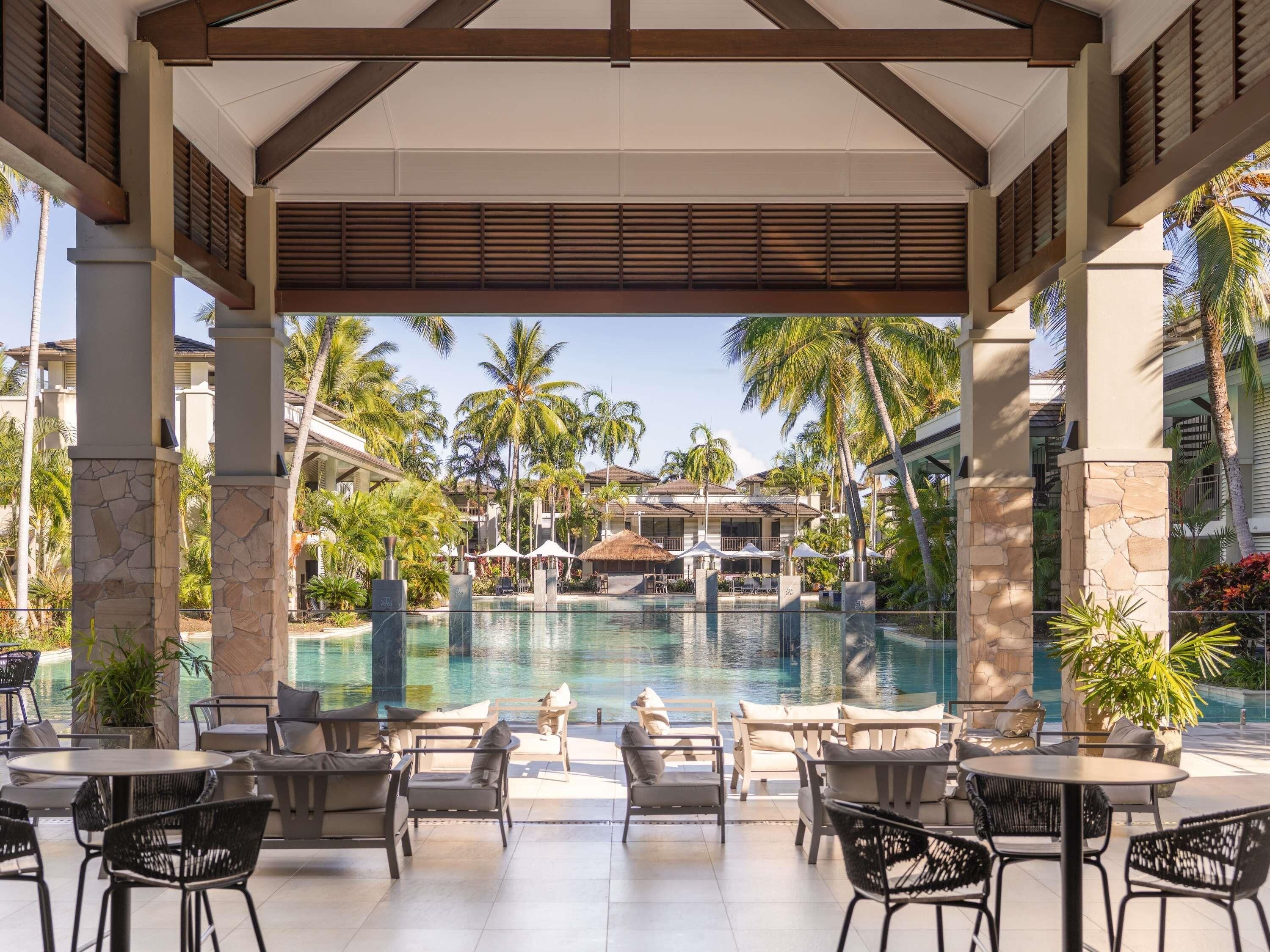 Breakfast, lunch, dinner served; pool views