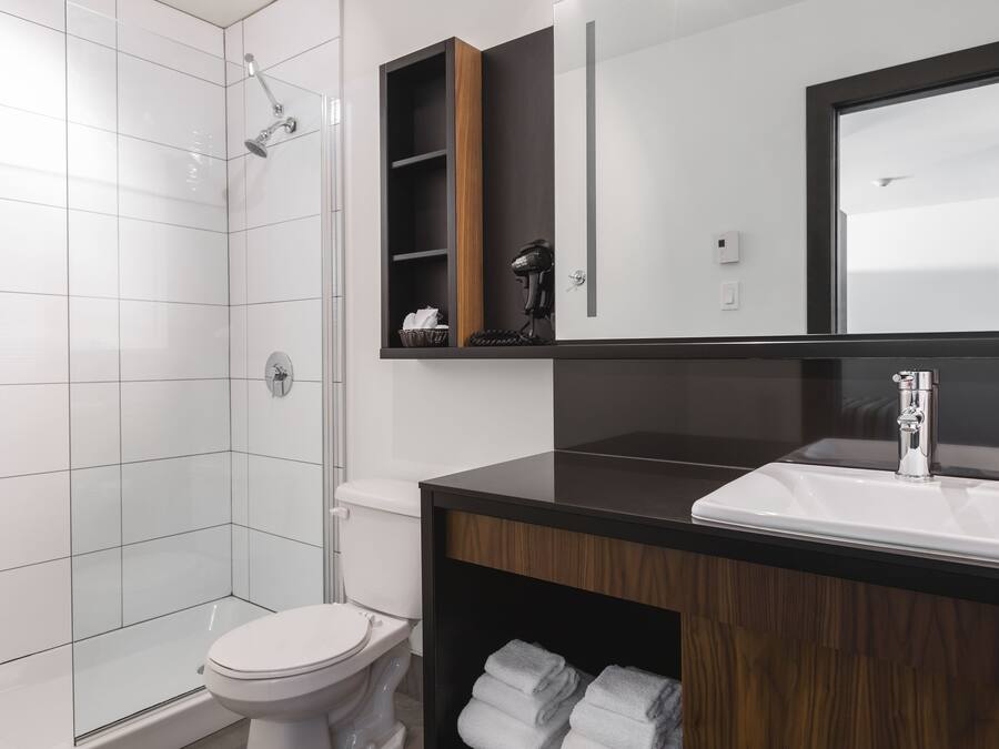A modern bathroom with a shower, toilet, and vanity with a mirror and shelves.
