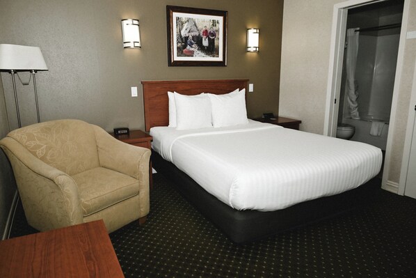 A hotel room with a bed, a chair, a nightstand, a lamp, and a framed picture on the wall. - Quality Hotel & Conference Centre Peace River (Peace River)