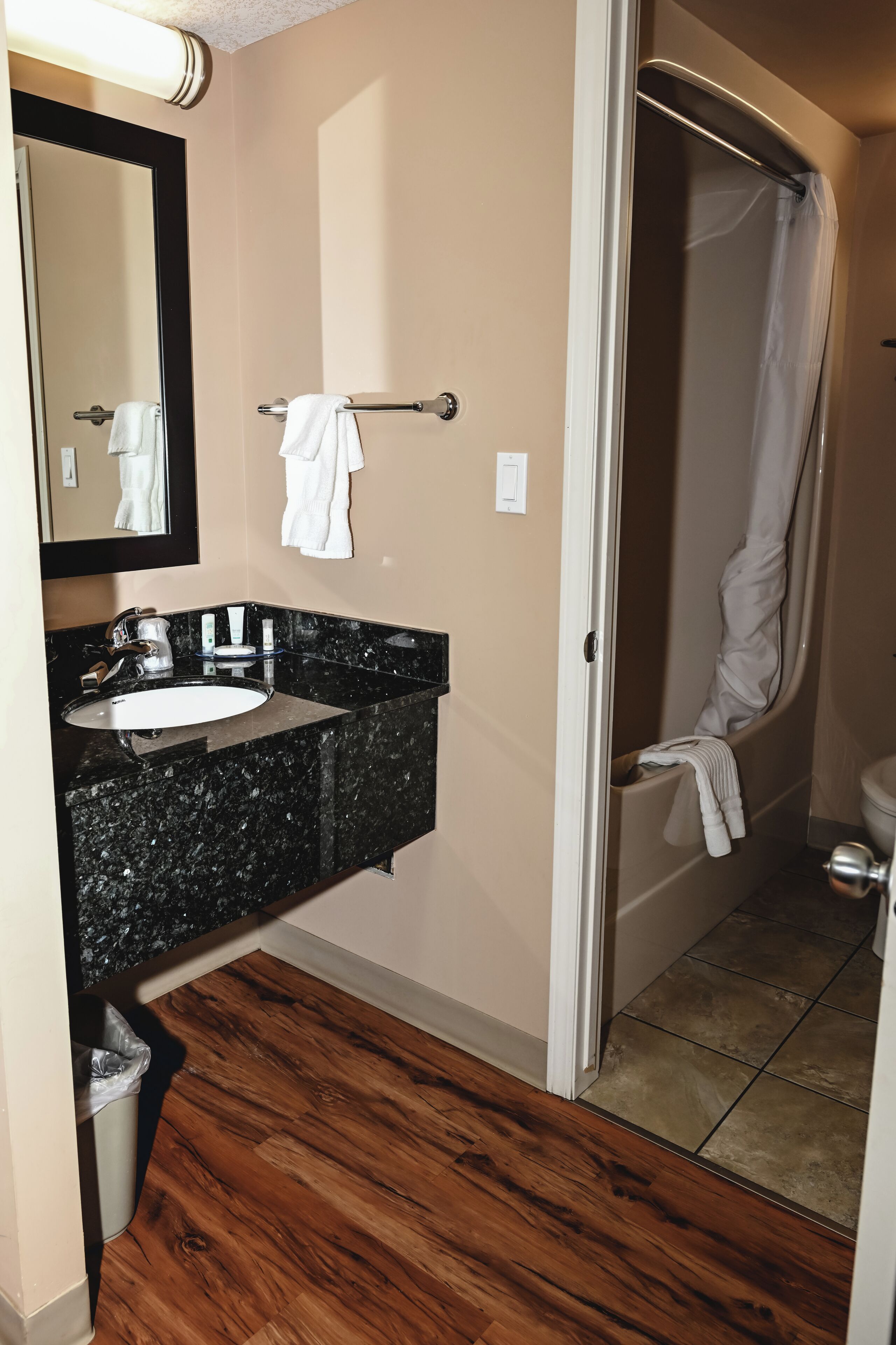 A bathroom with a sink, mirror, and shower.