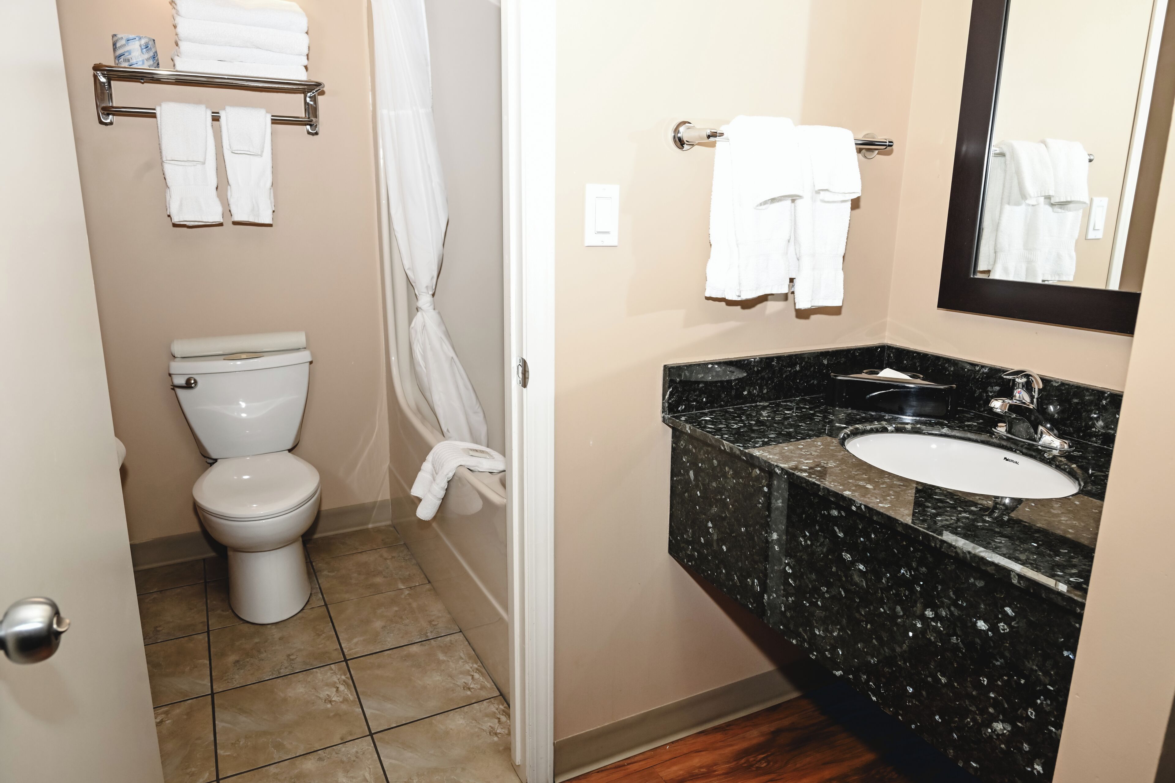 A bathroom with a toilet, a sink, and a shower curtain.