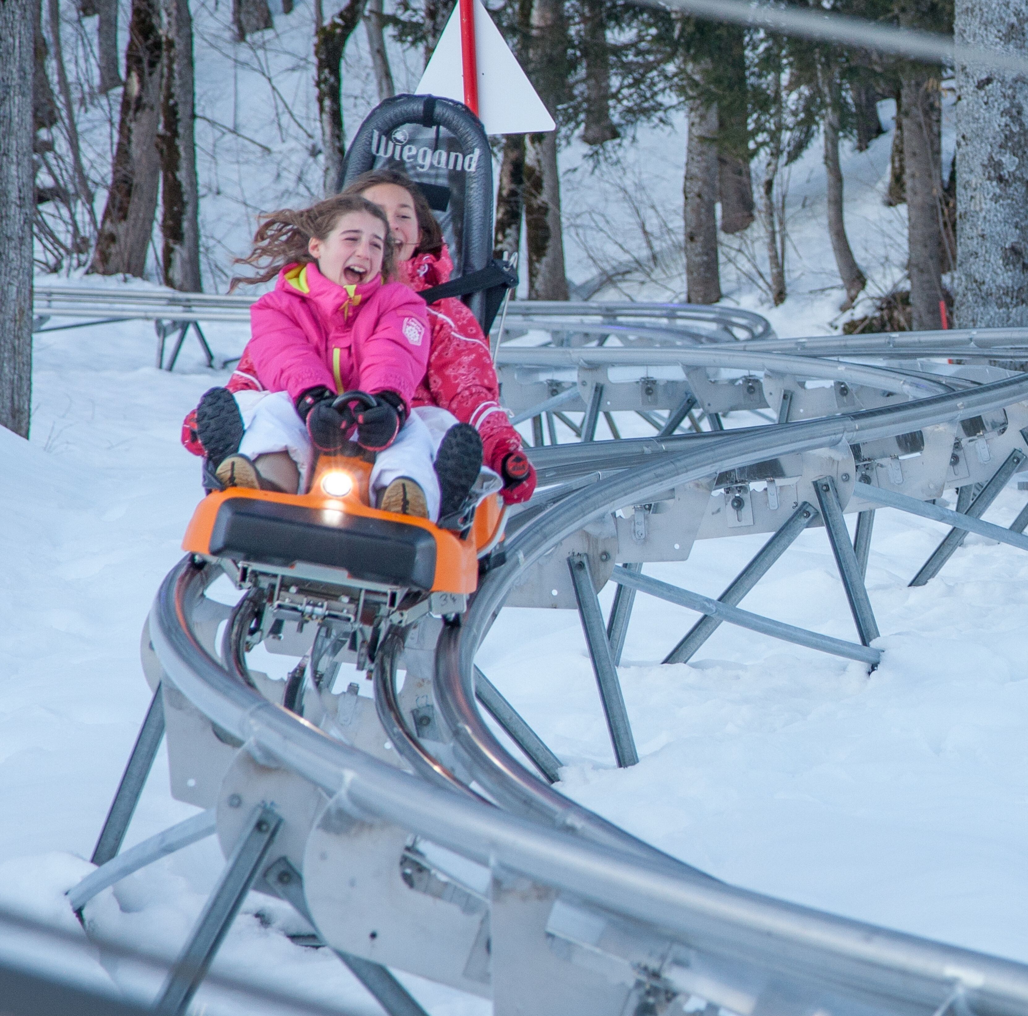 A snow-covered roller coaster track with metal supports and a sign that reads "Wiegand".