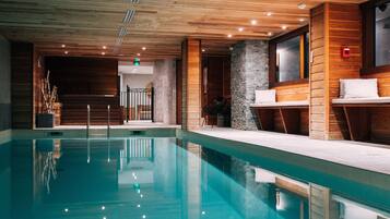 Indoor pool, open 10:00 AM to 9:00 PM, pool umbrellas, sun loungers