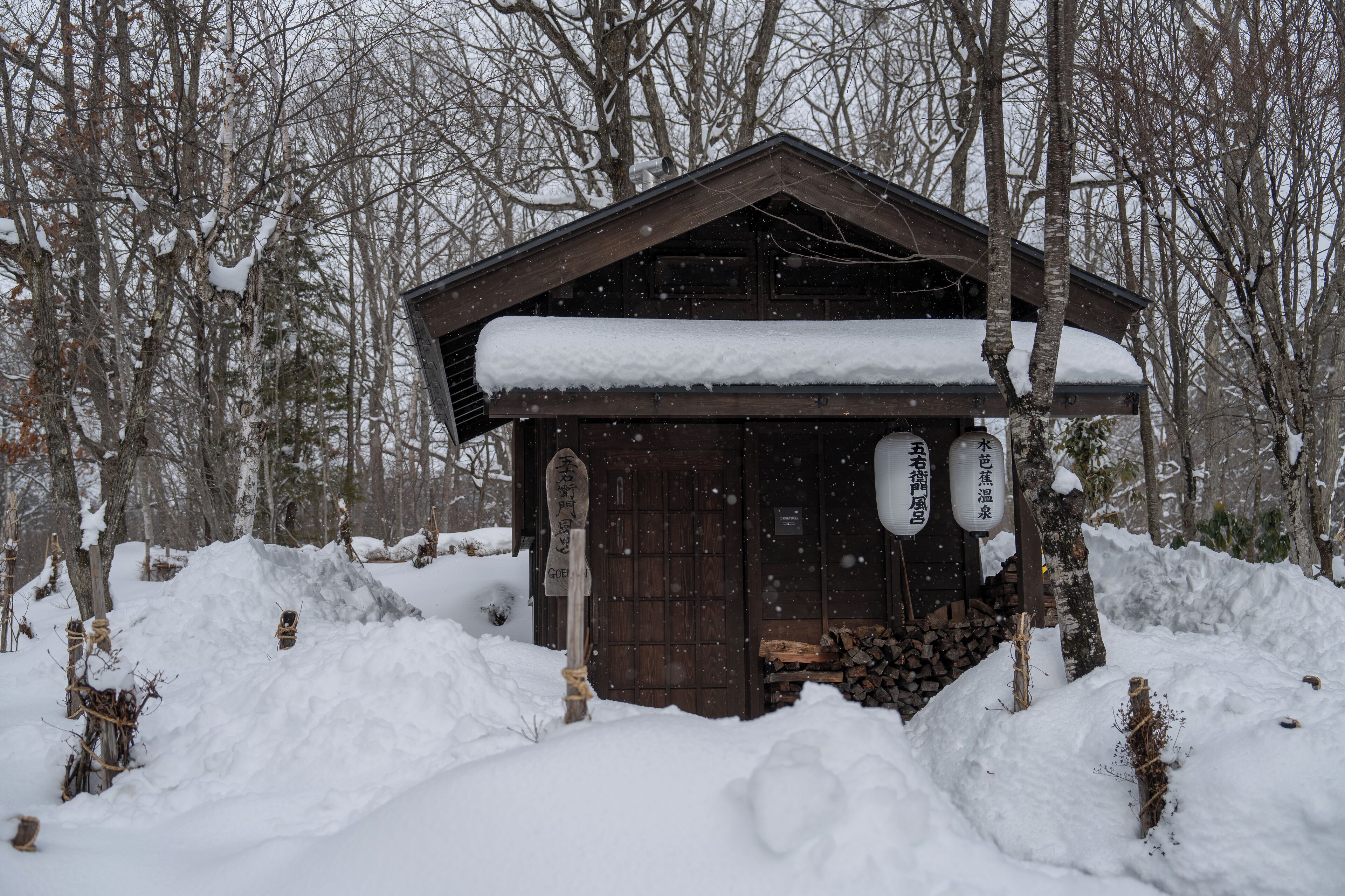 Una cabaña de madera con techo nevado, rodeada de árboles cubiertos de nieve.