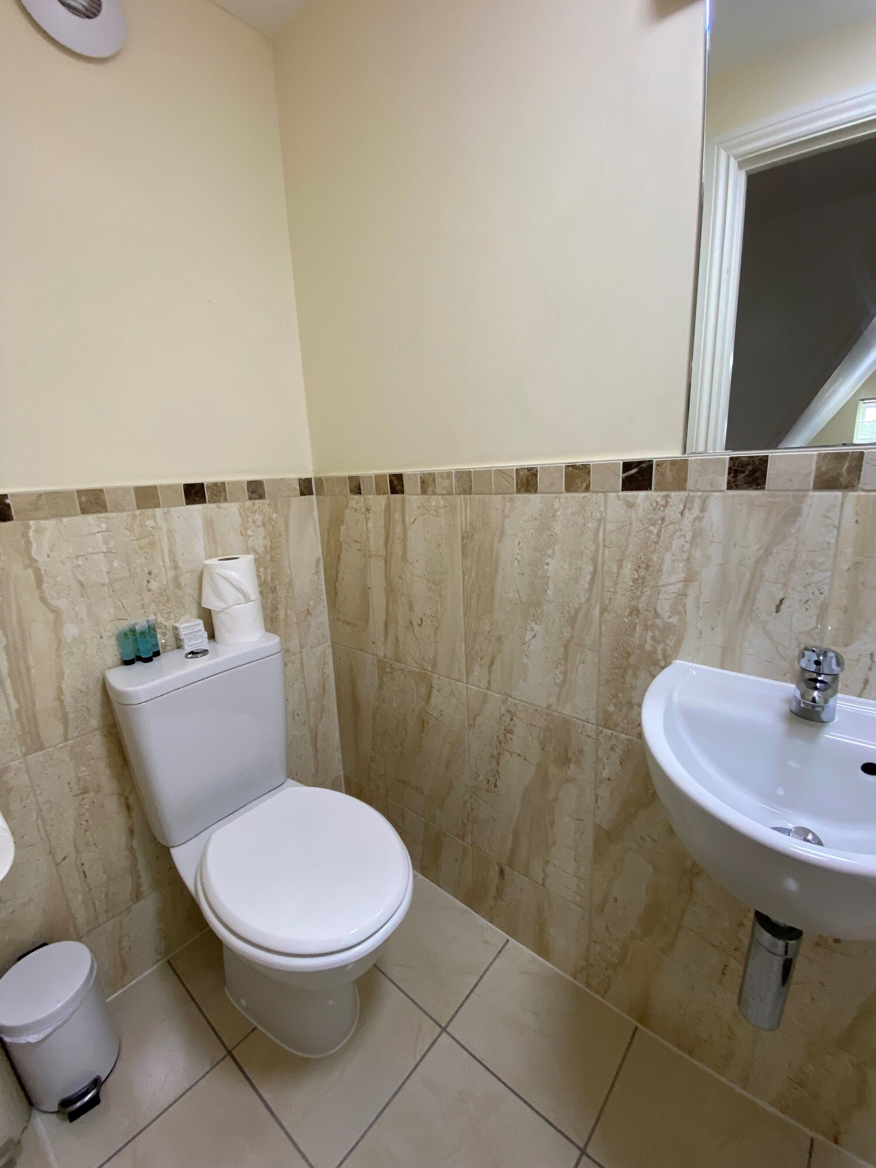 Baño con inodoro, lavabo y cubo de basura.