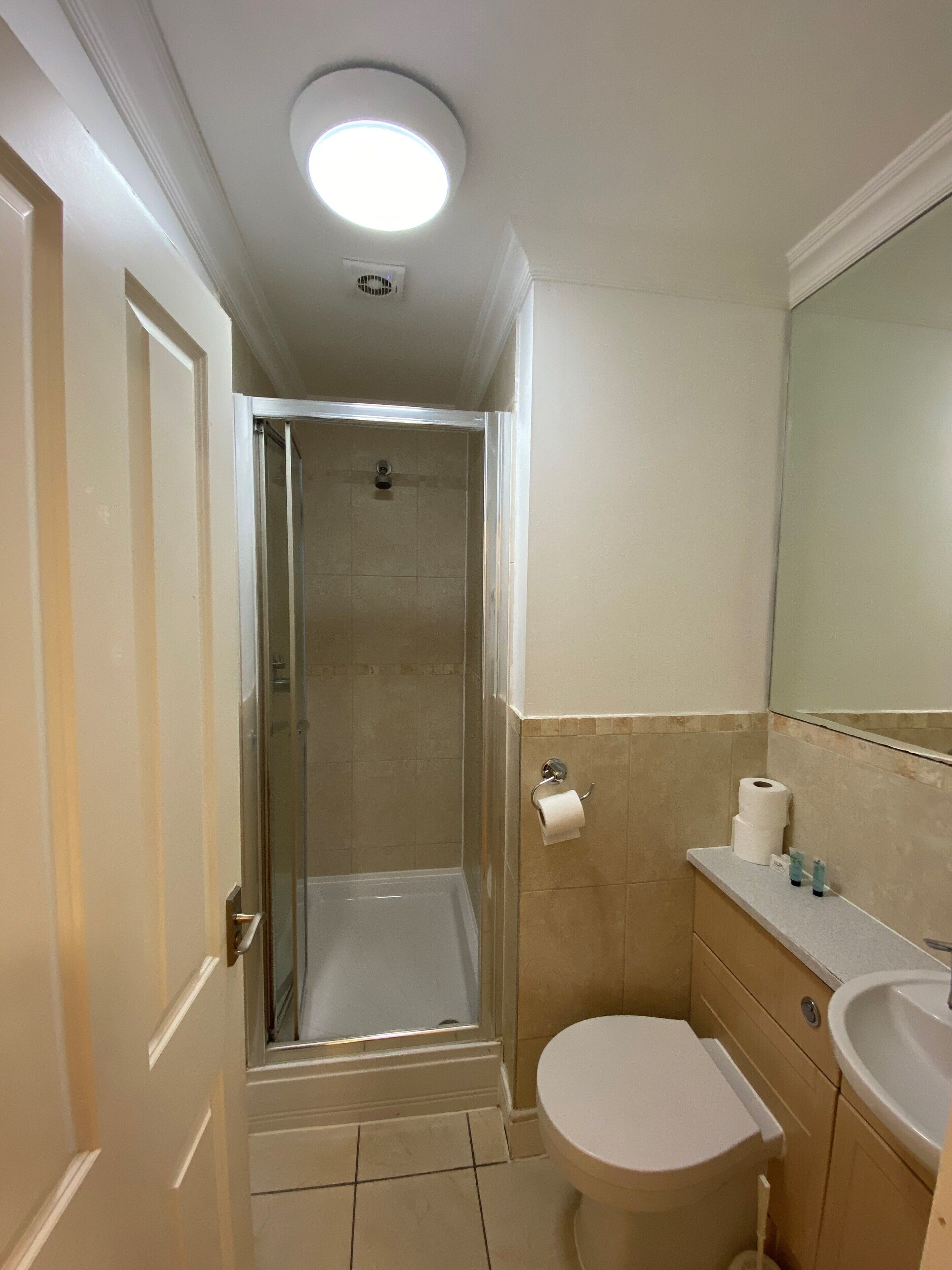 A bathroom with a shower, toilet, sink, and a mirror.