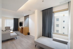 Executive Suite | Living area | 43-inch TV with cable channels, DVD player